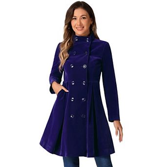 Velvet A-Line Coat for Women's Stand Collar Double Breasted Winter Trench Coats