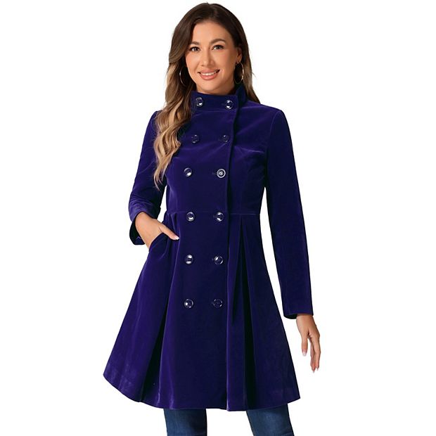 Velvet A-Line Coat for Women's Stand Collar Double Breasted Winter