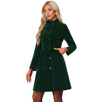 Velvet A-Line Coat for Women's Stand Collar Double Breasted Winter Trench Coats