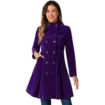Velvet A-Line Coat for Women's Stand Collar Double Breasted Winter Trench Coats