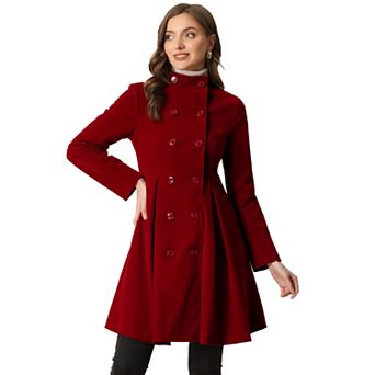 Velvet A-Line Coat for Women's Stand Collar Double Breasted Winter Trench Coats