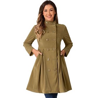 Velvet A-line Coat For Women's Stand Collar Double Breasted Winter Trench Coats