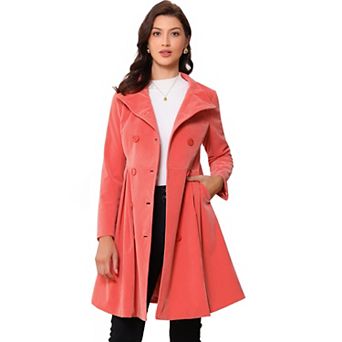 Velvet A-Line Coat for Women's Stand Collar Double Breasted Winter Trench Coats