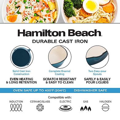 Hamilton Beach Enameled Cast Iron Fry Pan 10" Navy, Cream Enamel Coating, Smooth And Durable