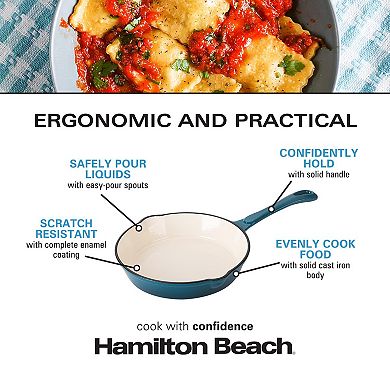Hamilton Beach Enameled Cast Iron Fry Pan 10" Navy, Cream Enamel Coating, Smooth And Durable