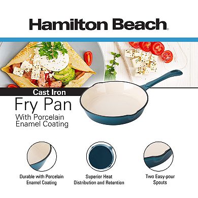 Hamilton Beach Enameled Cast Iron Fry Pan 10" Navy, Cream Enamel Coating, Smooth And Durable