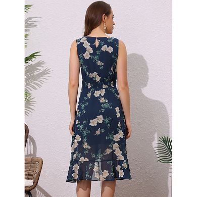 Women's Summer Wrapping Ruffle Hem Dresses Round Neck Sleeveless Smock Back Waist Floral Dress