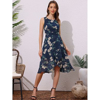 Women's Summer Wrapping Ruffle Hem Dresses Round Neck Sleeveless Smock Back Waist Floral Dress