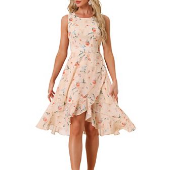 Women's Summer Wrapping Ruffle Hem Dresses Round Neck Sleeveless Smock Back Waist Floral Dress
