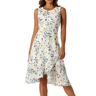 Women's Summer Wrapping Ruffle Hem Dresses Round Neck Sleeveless Smock Back Waist Floral Dress