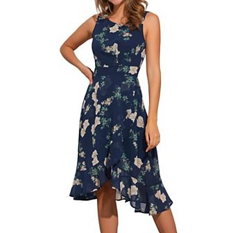 Women's Summer Wrapping Ruffle Hem Dresses Round Neck Sleeveless Smock Back Waist Floral Dress