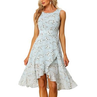 Women's Summer Wrapping Ruffle Hem Dresses Round Neck Sleeveless Smock Back Waist Floral Dress