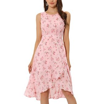 Women's Summer Wrapping Ruffle Hem Dresses Round Neck Sleeveless Smock Back Waist Floral Dress