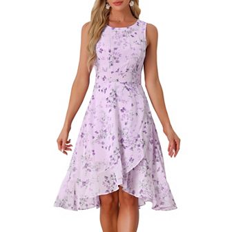 Women's Summer Wrapping Ruffle Hem Dresses Round Neck Sleeveless Smock Back Waist Floral Dress
