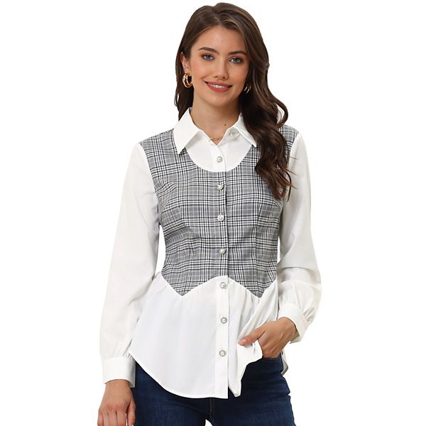 Women's Elegant Plaid Contrast Panel Long Sleeve Peplum Blouse