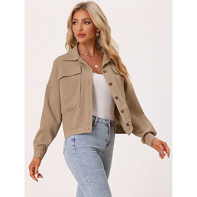 Women's Waffle Shacket Jacket Drop Shoulder Pocket Collared Shirt Jackets