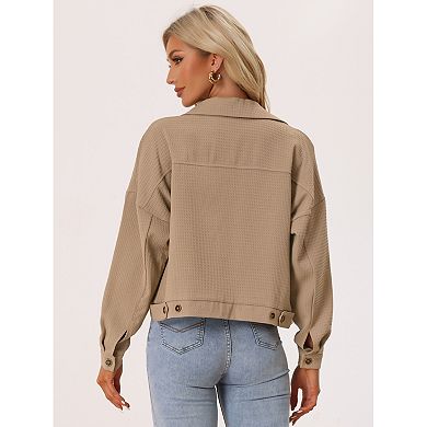Women's Waffle Shacket Jacket Drop Shoulder Pocket Collared Shirt Jackets