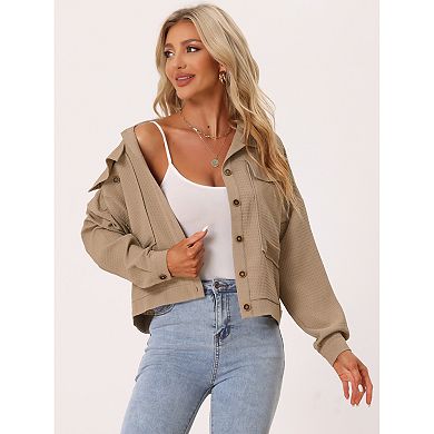 Women's Waffle Shacket Jacket Drop Shoulder Pocket Collared Shirt Jackets