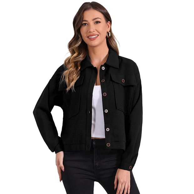 Women's Waffle Shacket Jacket Drop Shoulder Pocket Collared Shirt