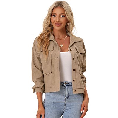 Women s Waffle Shacket Jacket Drop Shoulder Pocket Collared Shirt Jackets