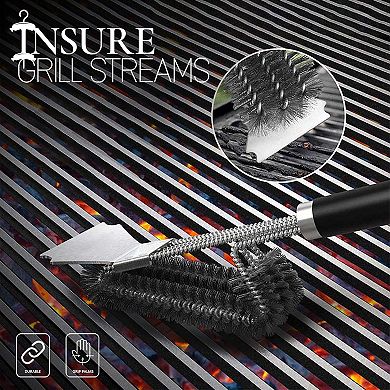 Alpine Cuisine Stainless Steel Bbq Triple Head Brush With Ergonomic Handle, Scrubber Bristle-free
