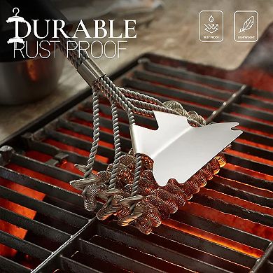 Alpine Cuisine Stainless Steel Bbq Triple Head Brush With Ergonomic Handle, Scrubber Bristle-free