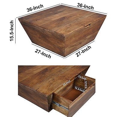 36 Inch Handcrafted Modern Farmhouse Coffee Table, Geometric Angled Square, 1 Drawer, Mango Wood