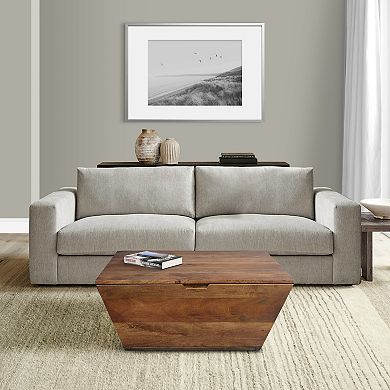 36 Inch Handcrafted Modern Farmhouse Coffee Table, Geometric Angled Square, 1 Drawer, Mango Wood