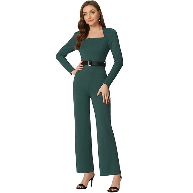 Allegra K Elegant Square Neck Long Sleeve Wide Leg Pants Dressy Jumpsuit Green L