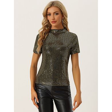 Women's Sequin Top Short Sleeve Mock Neck Sparkly Party Blouse