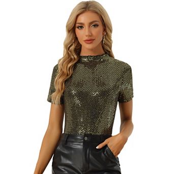 Women's Sequin Top Short Sleeve Mock Neck Sparkly Party Blouse