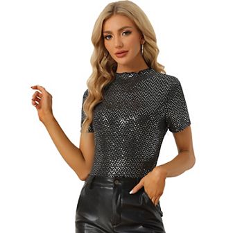 Women's Sequin Top Short Sleeve Mock Neck Sparkly Party Blouse