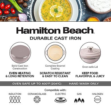 Hamilton Beach Enameled Cast Iron Dutch Oven 5.5-quart Gray, Safe Up To 400 Degrees, Durable