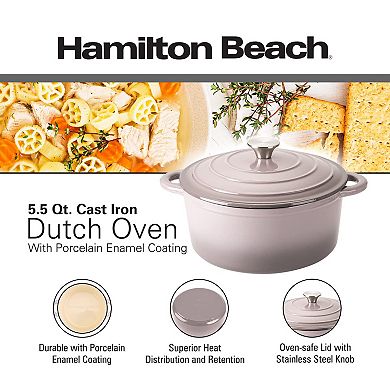 Hamilton Beach Enameled Cast Iron Dutch Oven 5.5-quart Gray, Safe Up To 400 Degrees, Durable