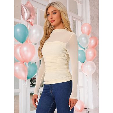 Mesh Top For Women's Solid Long Sleeve Mock Neck Sheer Panel With Side Shirring
