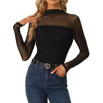 Mesh Top For Women's Solid Long Sleeve Mock Neck Sheer Panel With Side Shirring