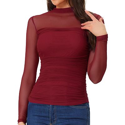 Allegra K Mesh Solid Long Sleeve Mock Neck Sheer Panel Side Shirring Top Red M