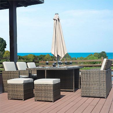 6-seat Patio Wicker Aluminum Dining Furniture Set With 4 Ottomans