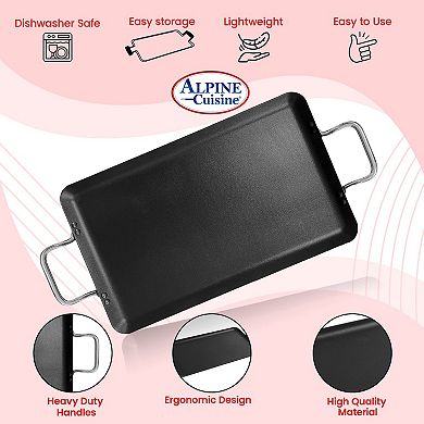 Alpine Cuisine Aluminum Double Griddle Pan 11x19in With Metal Handles