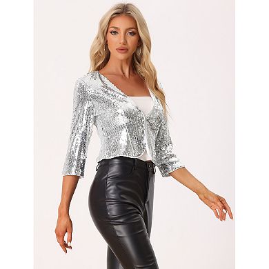 Women's Sequin Shrug 3/4 Sleeve Open Front Glitter Sparkly Short Blazer Jackets
