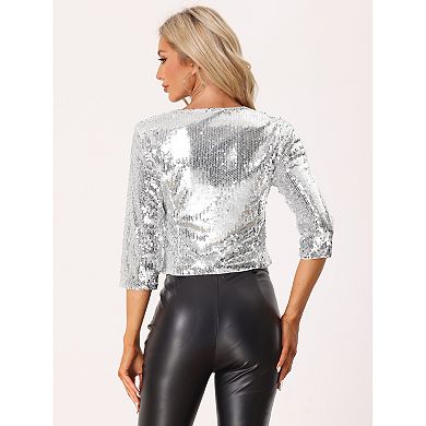 Women's Sequin Shrug 3/4 Sleeve Open Front Glitter Sparkly Short Blazer Jackets