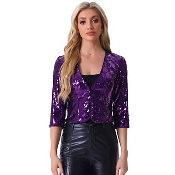 Women's Sequin Shrug 3/4 Sleeve Open Front Glitter Sparkly Short Blazer Jackets