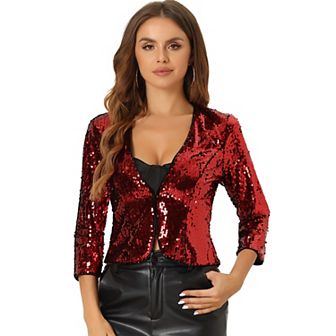 Women's Sequin Shrug 3/4 Sleeve Open Front Glitter Sparkly Short Blazer Jackets