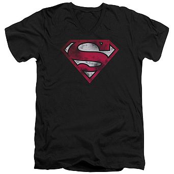 Superman War-torn Shield Short Sleeve Adult V Neck T-shirt