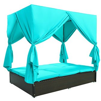 Merax Outdoor Patio Wicker Sunbed Daybed With Cushions, Adjustable Seats