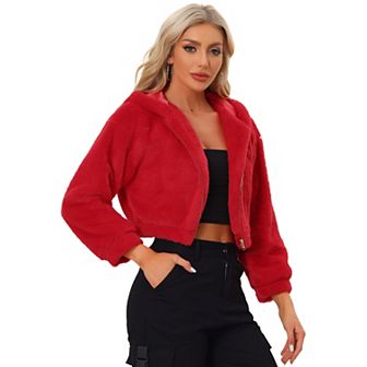 Women's Casual Faux Fur Coat Zip Up Hooded Cropped Fuzzy Fleece Jacket