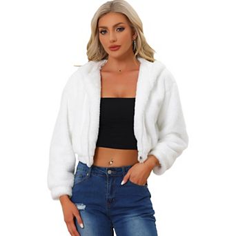 Women's Casual Faux Fur Coat Zip Up Hooded Cropped Fuzzy Fleece Jacket