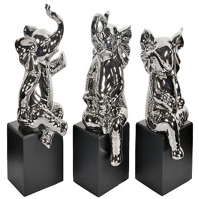 Set Of 3 Silver Mirrored Chrome Ceramic Elephants Statue Sculpture Hand Finish