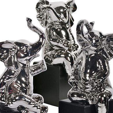 Set Of 3 Silver Mirrored Chrome Ceramic Elephants Statue Sculpture Hand Finish