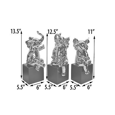 Set Of 3 Silver Mirrored Chrome Ceramic Elephants Statue Sculpture Hand Finish